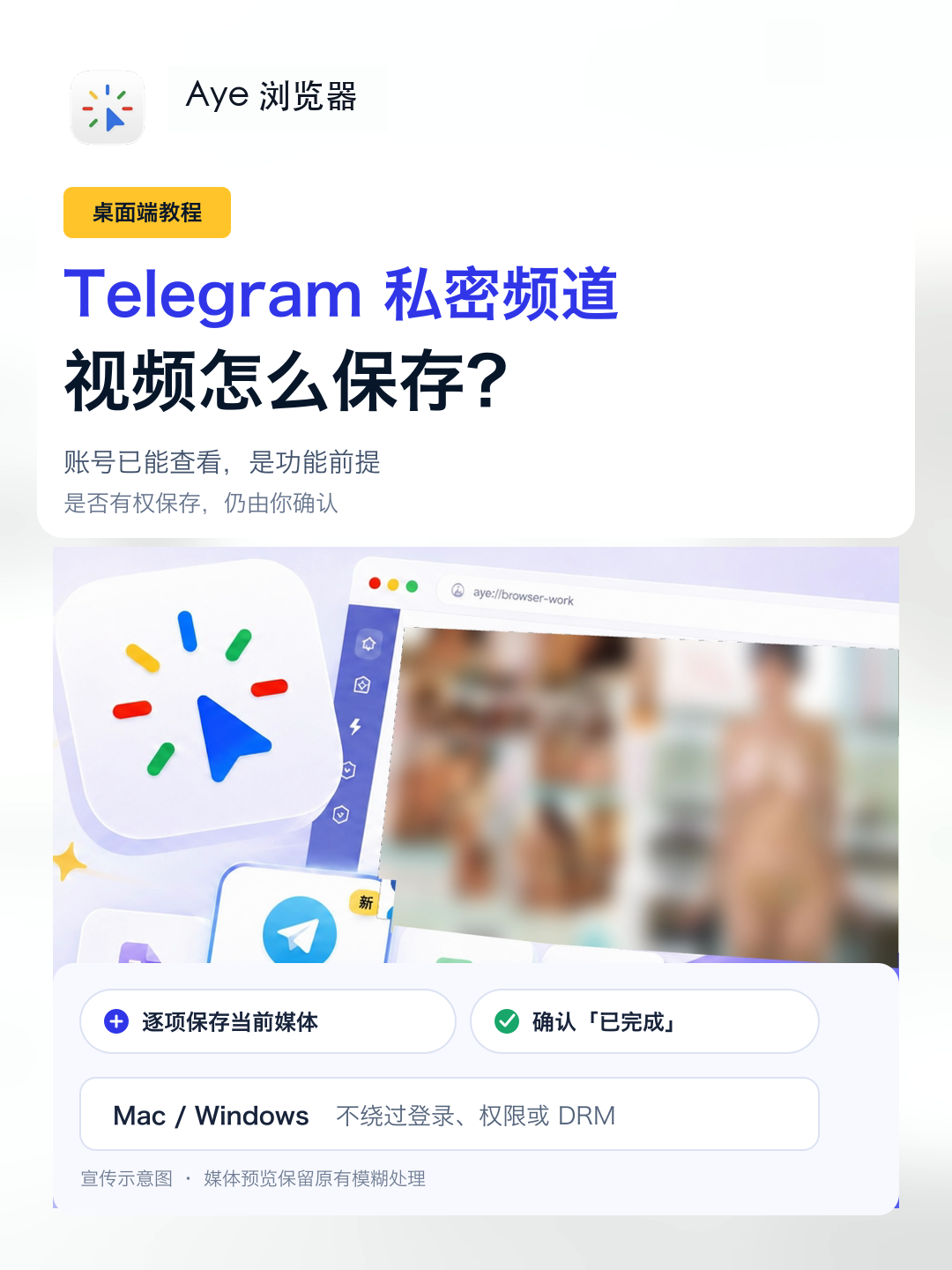 Aye 浏览器的 Telegram 私密频道视频保存宣传图，媒体预览已经模糊处理。